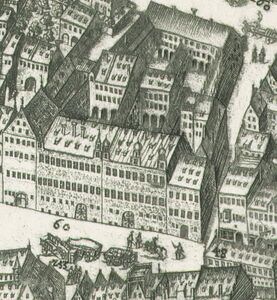 Ansicht der Fuggerhäuser von 1626. Ausschnitt aus Stadtplan von Augsburg von Wolfgang Kilian (1581-1662) von 1626. (bavarikon) (Bayerische Staatsbibliothek, Bildarchiv port-000309)