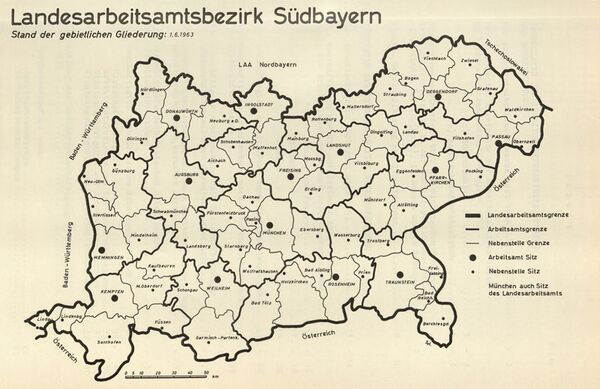 Karte des Landesarbeitsamtsbezirks Südbayern. Stand der gebietlichen Gliederung vom 1.6.1963. (Regionaldirektion Bayern der Bundesagentur für Arbeit)