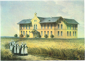 Diakonissenhaus Neuendettelsau um 1855. Das das Haus umgebende Ährenfeld ist eher symbolisch zu verstehen (Anlehnung an Mt 9, 37-38). (Archiv der Diakonie Neuendettelsau)
