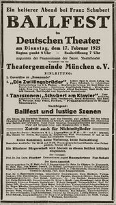 Anzeige eines von der Theatergemeinde München veranstalteten Ballfestes im Deutschen Theater, in: Allgemeine Zeitung, 15.2.1925. (Bayerische Staatsbibliothek, Hbl/Film 4 Eph.pol. 50-355)