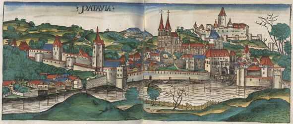 Ansicht von Passau aus der Schedelschen Weltchronik von 1493. (Bayerische Staatsbibliothek, Rar. 287)