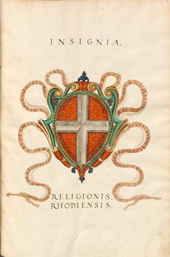 Wappen des Johanniterordens. Die Bezeichnung "Rhodensis" nimmt auf den Sitz des Ordensgroßmeisters auf Rhodos (bis 1522) Bezug. (BSB Cod.Icon. 269, fol 1).