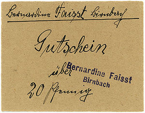 Gutschein über 20 Pfennige, ausgegeben von Berhardine Faisst in Birnbach zwischen 1914 und 1920. (bavarikon) (HVB Stiftung Geldscheinsammlung - Inventarnummer: DE-BY-84364-V124)