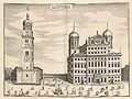 Stich des Augsburger Rathauses 1643. Abb. aus: Matthaeus Merian, Topographia Sueviae, Taf. 4. (Bayerische Staatsbibliothek, Res/2 Germ.sp. 109 ta)