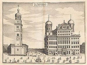 Stich des Augsburger Rathauses 1643. Abb. aus: Matthaeus Merian, Topographia Sueviae, Taf. 4. (Bayerische Staatsbibliothek, Res/2 Germ.sp. 109 ta)