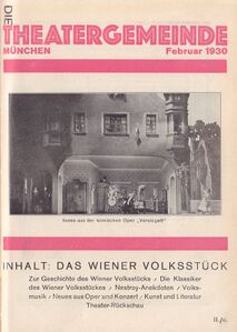 Titelseite der Mitgliederzeitschrift "Die Theatergemeinde München", Ausgabe Februar 1930. Anstelle des stilisierten Theaters wurden ab 1930 Fotos von Aufführungen auf der Titelseite gezeigt. (Bayerische Staatsbibliothek, Bavar. 4532 s-1928/31)