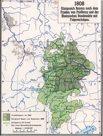 Das Königreich Bayern nach den Pariser Verträgen im Jahre 1810. (aus: Max Spindler [Hg.], Bayerischer Geschichtsatlas, München 1969, 36)