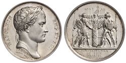 Die Sibermedaille von Bertrand Jean Andrieu (1761–1822) und Nicolas-Guy-Antoine Brenet (1770–1846) auf die Gründung des Rheinbundes, Paris 1806. (Staatliche Münzsammlung, Slg, Julius 1585)
