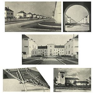Die Großsiedlung Neu-Harlaching im Süden Münchens 1928-1930 errichtet.Abb. aus: Monatshefte für Baukunst und Städtebau 18 (1934), 153-154. (Bayerische Staatsbibliothek, 4 A.civ. 102 g-18)