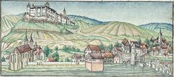 Blick auf das Mainviertel in Würzburg mit der Festung im Hintergrund. Miniatur der Echterschen Frieschronik aus Irmelshausen von Georg Mack ab 1582. (Universitätsbibliothek Würzburg, M.ch.f.760, 240r lizenziert via CC BY-NC-ND 3.0 DE)