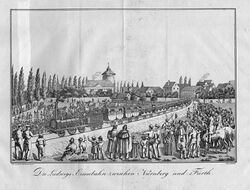 Ludwigseisenbahn zwischen Nürnberg und Fürth, Lithographie von 1835. (Bayerische Staatsbibliothek, port-014112)