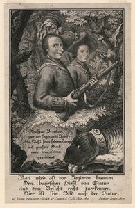 Matthias Klostermayer und der ""Bub"" Andreas Mayr, im Vordergrund der Hund Tyras. Kupferstich von Johann Michael Söckler (1744-1781), um 1770. (Münchner Stadtmuseum, Graphiksammlung, Inv. M.S.IV/127)
