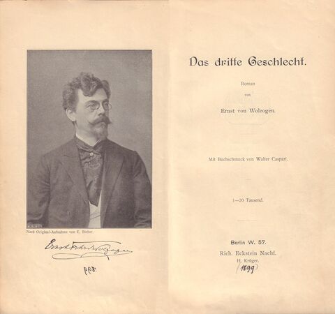 Titelseite des Romans "Das dritte Geschlecht" von Ernst von Wolzogen (1855-1934), Berlin 1899. (Bayerische Staatsbibliothek, P.o.germ. 1639 id)