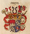 Wappen Fürstbischofs Julius Echter von Mespelbrunn (1545-1617, reg. 1573-1617). Abb. aus: Wappen der zu Regensburg zur Reichsversammlung 1594 anwesenden Fürsten, [Regensburg], 1594, fol. 22r. (Bayerische Staatsbibliothek, Cod.icon. 326)