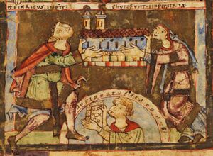 Heinrich II. und Kunigunde mit einem Modell des Doms. Detail des Widmungsbildes aus der Vita Heinrici II. et Cunigundis, um 1170. (Staatsbibliothek Bamberg RB.Msc.120, fol. 1v)