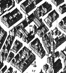 Der Alte Hof (20) als Detail aus einem Kupferstich von Matthäus Merian (1593-1650). (Aus: Matthäus Merian, Topographia Germaniae. Bd.4: Topographia Bavariae, Frankfurt am Main 1644. Gemeinfrei via zeno.org)