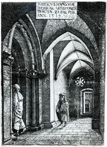 Eingangshalle der Synagoge in Regensburg. Radierung von Albrecht Altdorfer. (aus: Voss, Albrecht Altdorfer und Wolf Huber, Tafel 30)