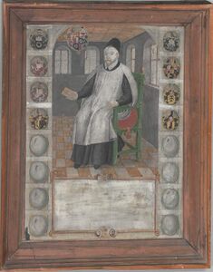 Bischof Heinrich von Knöringen (1570 – 1646) auf einem Gemälde zur Erinnerung an die Gründer und die Fundation der Universität Dillingen, Süddeutschland 1606. (Studienbibliothek Dillingen, Signatur: XXVI-2 lizenziert durch CC BY-NC-SA 4.0)