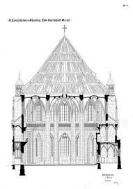 Querschnitt durch den Hallenchor in der Achse Brautportal/Sakristei aus der Bauhütte unter Josef Schmitz und Otto Schulz, 1912. (Quelle: Archiv der Kirchengemeinde St. Lorenz Nürnberg