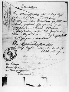 Schreiben von Egelhofer vom 28. April 1919, betreffend der Geiseln im Luitpoldgymnasium (Bayerische Staatsbibliothek, Bildarchiv Hoffmann)