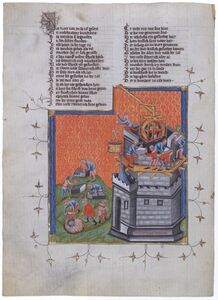 Tretradkräne erleichterten ab dem 3. Jahrhundert den Lastentransport auf den mittelalterlichen Baustellen. (Württembergische Landesbibliothek Stuttgart, Weltchronik Cod. Bibl.fol. 5, 9v.)