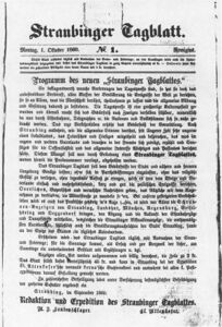 Erstausgabe des Straubinger Tagblatts, 1.10.1860. (Bayerische Staatsbibliothek)