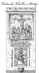 Stich des Grabmals des letzten Abensberger Grafen, Niclas (gest. 1485), im Kloster Abensberg (aus: Die Grabstätten der Grafen und Reichsherren von Abensberg in Kloster Rohr und Abensberg, Abensberg 1881, Taf. III) (Bayerische Staatsbibliothek Bavar. 2530 h)