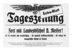 Zeitungsartikel: „Fort mit Landesbischof D. Meiser“, in: Fränkische Tageszeitung, 15.09.1934. (Prof. Dr. Gerhard Meiser/Dr. Hans Christian Meiser)