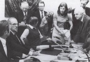 Diskussionsgruppe um Herbert Wehner (1906-1990) bei der Tagung "SPD woher - wohin? Grundorientierungen und Ziele der Bundesparteien" am 19./20. Mai 1973. (Foto: Katholische Akademie in Bayern)