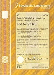 6-prozentige Inhaber-Teilschuldverschreibung über 50.000 DM, 1994. (Bayerisches Wirtschaftsarchiv, S39)