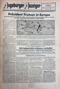 Titelblatt der Erstausgabe des Augsburger Anzeigers vom 13. Juli 1945. (Bayerische Staatsbibliothek, 2 Z 45.5-1945)