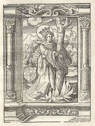 Leonhard Beck, Afras Feuertod, Holzschnitt aus: Gloriosorum christi confessor[um] Vldarici & Symperti: necno[n] beatissim[a]e martyris Aphr[a]e, Augustan[a]e sedis patronor[um] q[ua]mfidelissimor[um] histori[a]e (…), fol. 57r, Augsburg, 1516. (Bayerische Staatsbibliothek -- Res/4 V.ss.c. 99)
