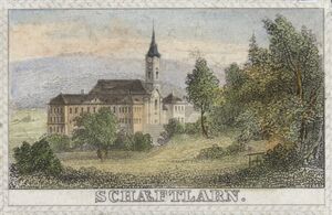 Kloster Schäftlarn. Stahlstich, nach einer Zeichnung koloriert, 1846. (Bayerische Staatsbibliothek, Bildarchiv port-012106)